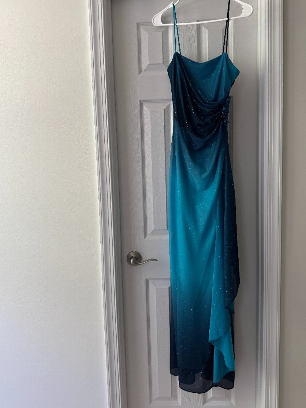 Vintage Y2K Reign On Ombre Glitter Prom Dress Aqua Navy Blue Drape Maxi Gown 1/2
